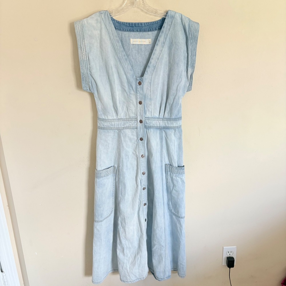 Happy Nature Womens Denim Button Front Midi Dress Light Wash Blue Sleeveless 4